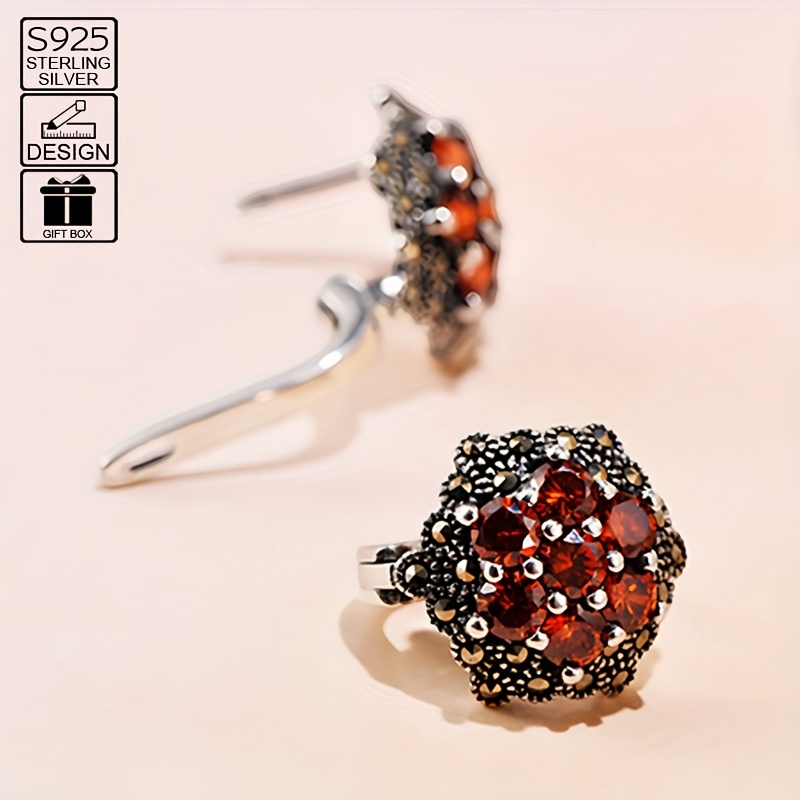 925 Sterling Silver Flower Garnet Earrings Hypoallergenic